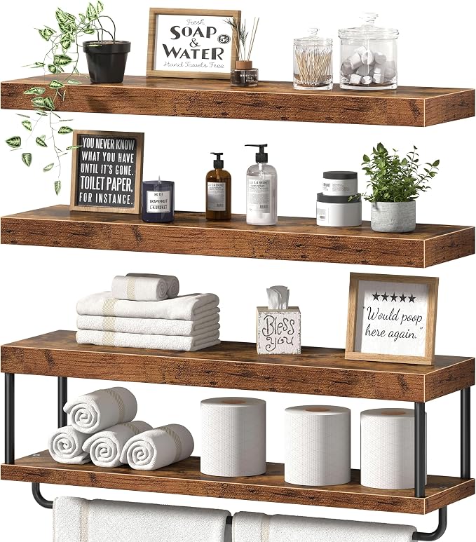QEEIG Bathroom Floating Shelves Over Toilet - Wall Mounted Shelf Toilet Paper Storage Farmhouse 32 inch Long Set of 3, Rustic Brown (027-80BN3) by QEEIG