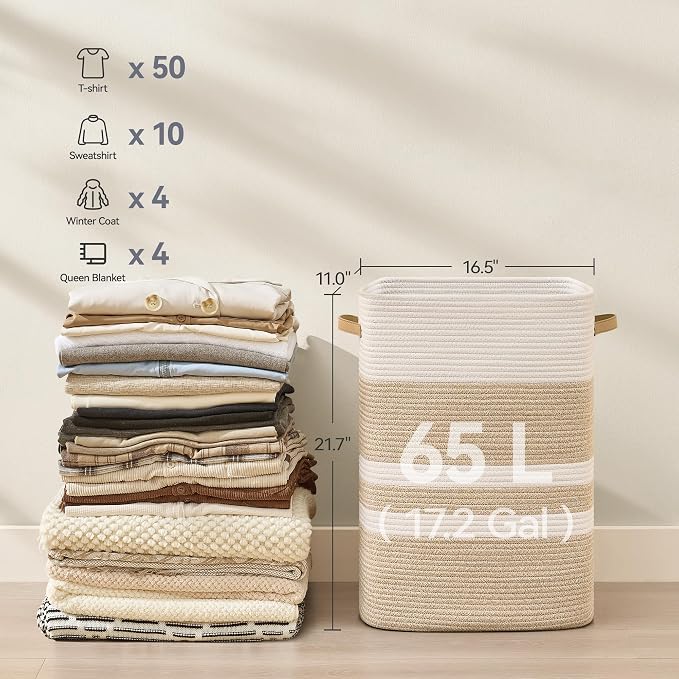 Nunsino Laundry Hamper,Laundry Basket with Leather Handles,Woven Storage Basket for Toys,Pillows,Blankets,Clothes,Brown&White - Image 4