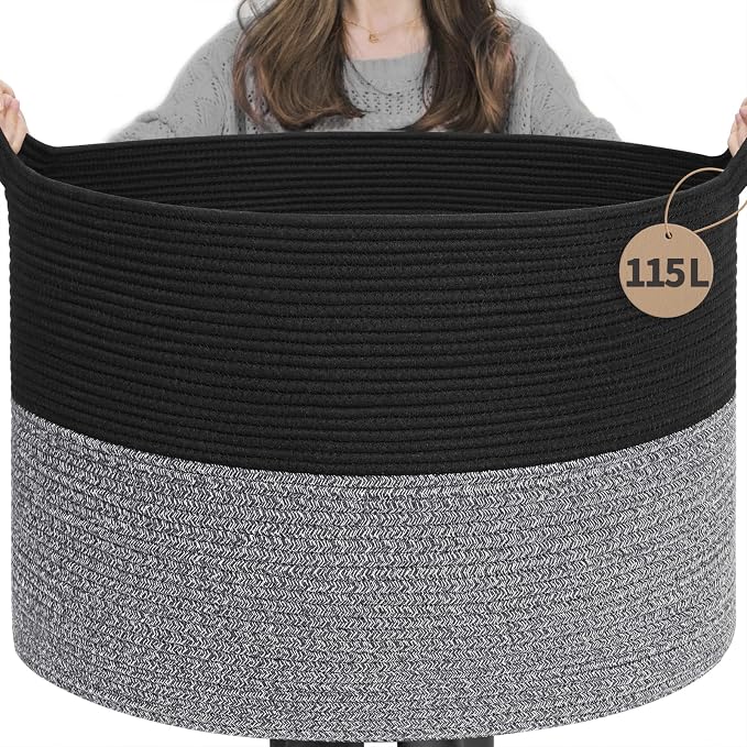 INDRESSME 115L Extra Large Woven Rope Blanket Basket Living Room Black Grey by INDRESSME