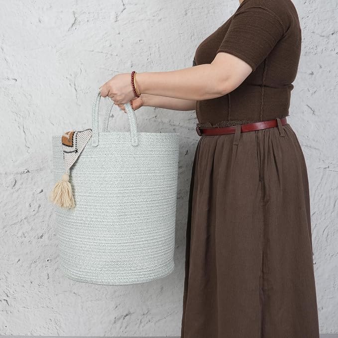 XUANGUO Cotton Rope Laundry Basket Hamper for Clothes, green - Image 3