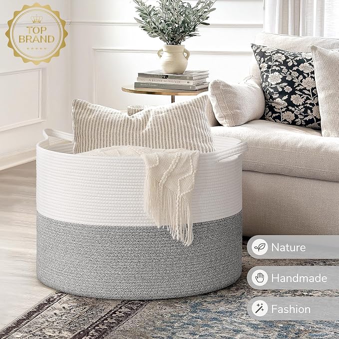 INDRESSME 115L Extra Large Woven Rope Blanket Basket Living Room Light Grey - Image 7