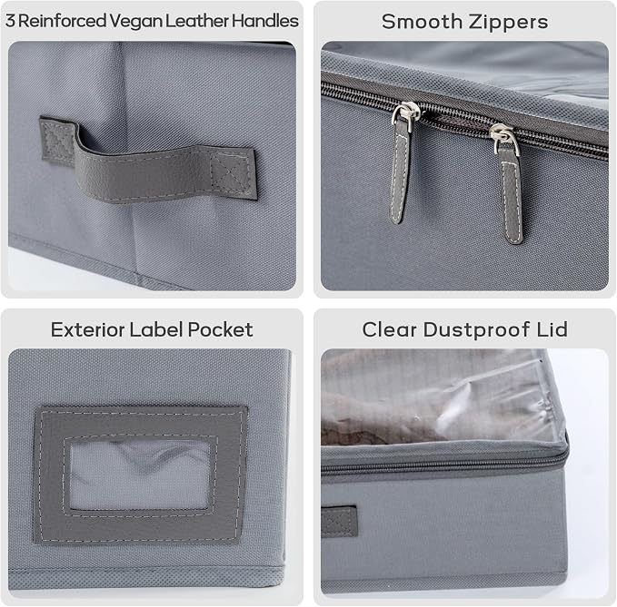 10" High Capacity Under Bed Storage Bins (3-Pack, Charcoal Grey), Deep 600D Heavy Duty Oxford Fabric Organizer Containers with Matching Vegan Leather Handles for Comforters, Pillows & Blankets - Image 3