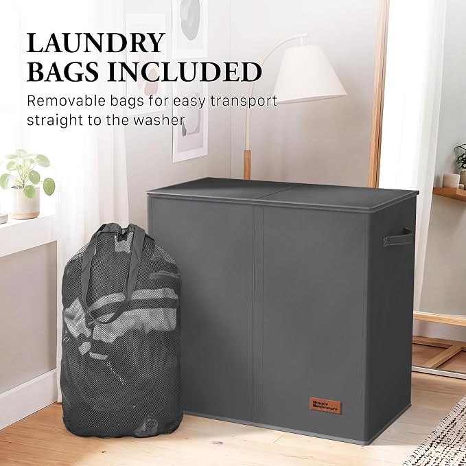 Simple Houseware Double Laundry Hamper with Lid & Removable Bags, Dark Gray - Image 8