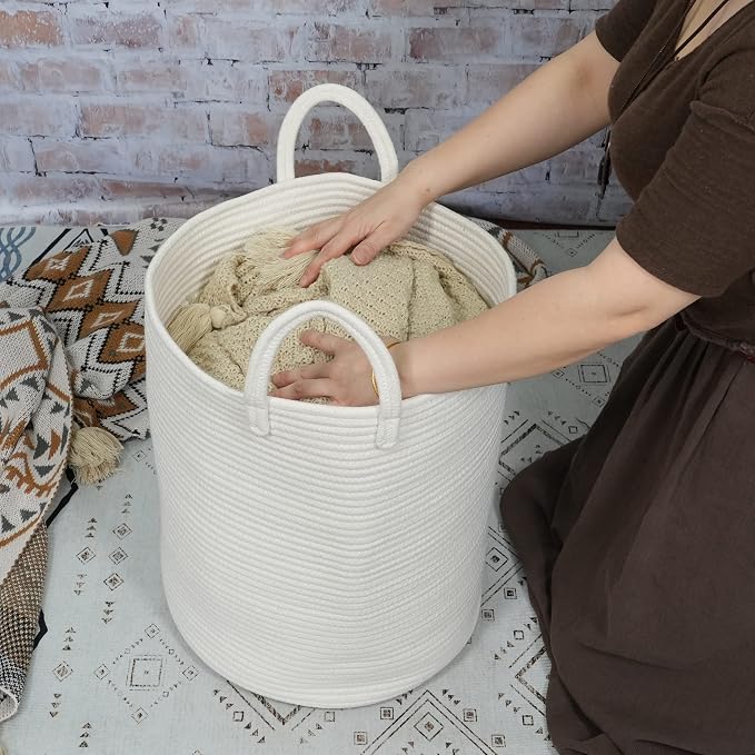 XUANGUO White Cotton Rope Laundry Basket Hamper for Clothes Large - Image 3