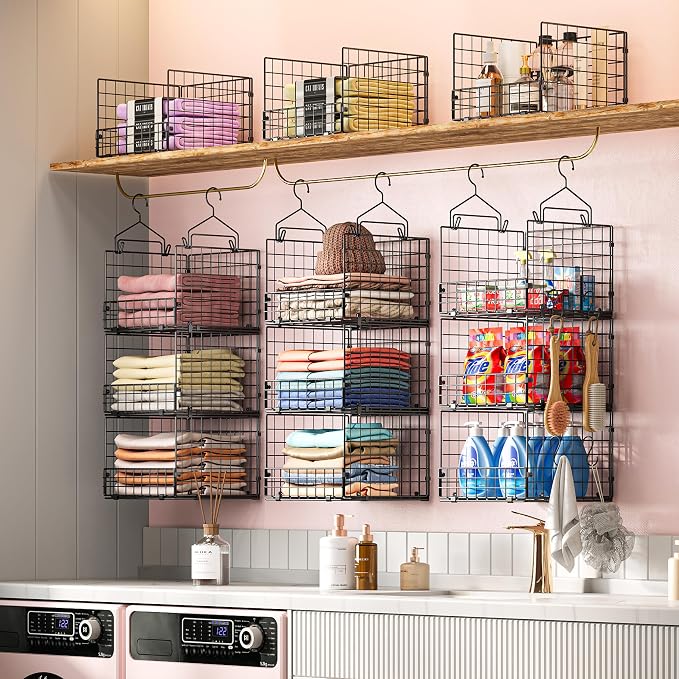 Sonyabecca 3-Tier Closet Organizers and Storage, Foldable Stackable Wire Basket Bins with 5 S Hooks, Space-Saving Hanging Closet Shelf for Clothing, Sweaters, Handbags, Hats,Purse - Image 2