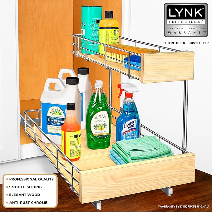 LYNK PROFESSIONAL® SELECT™ Pull Out Under Sink Kitchen Cabinet Organizer - 11.5 in. x 21 inch deep Drawer - Sliding Shelf Organizer and Undersink Storage Shelves - Lifetime Ltd. Warranty – Chrome - Image 2