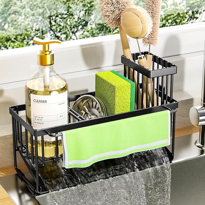 Cisily Kitchen Sink Caddy Organizer with High Brush Holder, Sponge Holder for Sink, 304 Rustproof Stainless Steel, Countertop Soap Dispenser Organizer, Black with Towel Rack, 9.25 by CISILYHOMELIFE