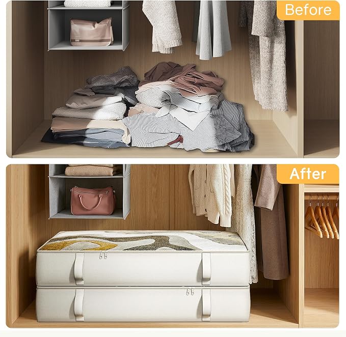 2-Pack Under Bed Storage Containers, 8 Inches Tall Clothes Storage, Beige | Large Capacity Collapsible Underbed Organizer with Sturdy Sidewalls/Bottom, Cotton Linen Bins, For Seasonal Clothes & Bedding - Image 5
