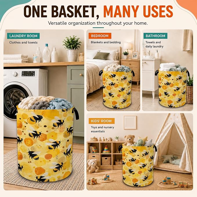 Cute Bee Laundry Basket,Foldable Oxford Laundry Hamper with Handles,Collapsible Clothes Storage Basket for Bedroom,Bathroom,or Laundry Room,20.8 x 16 Inches - Image 7
