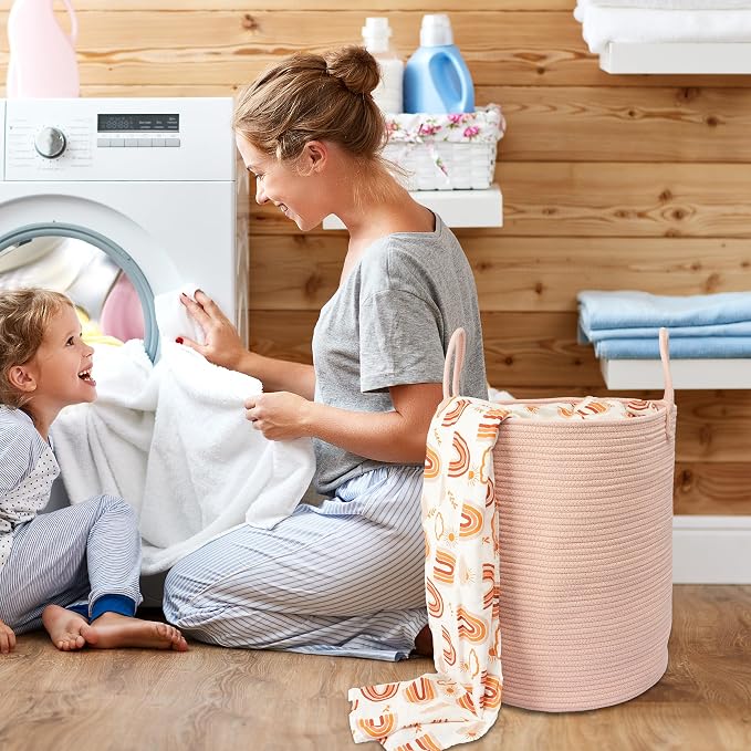 XUANGUO Cotton Rope Laundry Basket Hamper for Clothes, coral pink - Image 4