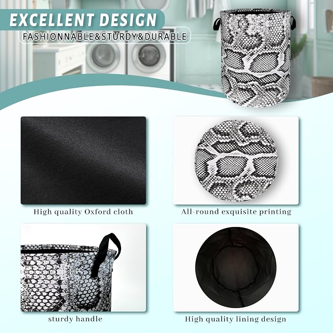 Grey Snake Print Laundry Basket Oxford Cloth Foldable Hamper 18.9x16.5 In - Image 4