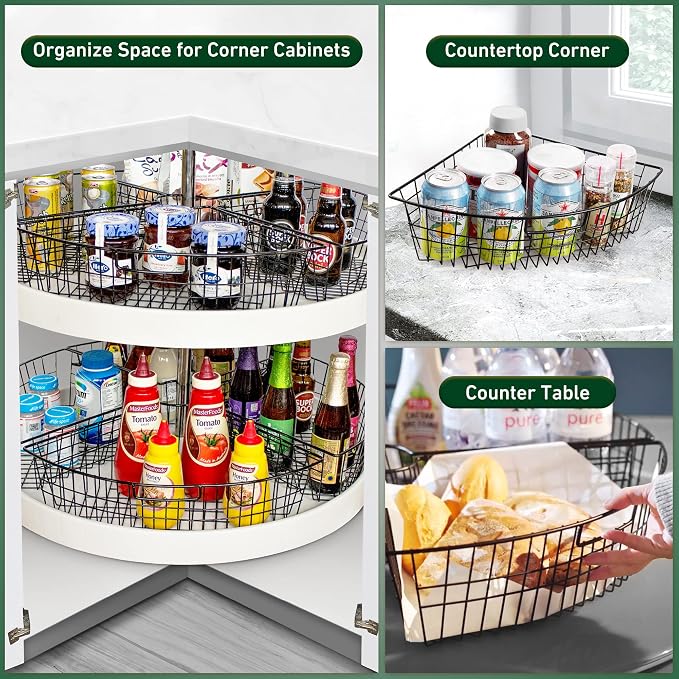 Leeden Lazy Susan Wire Storage Organizer Basket with Handle-Metal Cabinet Storage Bins -Kitchen Cabinet Organizer-1/4 Wedge Can Organizer Black (for 24" Lazy Susan, 4 Pack) - Image 4
