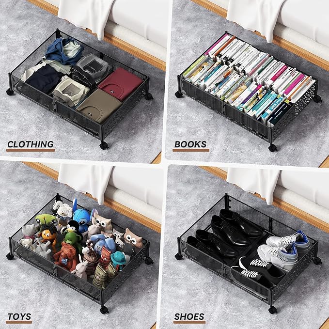 PHINOX Under Bed Stroage Container with wheels,Patterned,Metal,2 Pack,Black | Tool-free assembly, glide smoothly, easy reach, foldable, maxmazie low-profile beds, dorm, keep seasonal clothes, shoes fresh - Image 5
