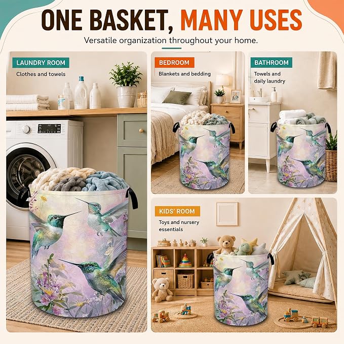 Hummingbird Laundry Basket with Handles,Purple Flower Foldable Oxford Laundry Hamper,Collapsible Clothes Storage Basket for Laundry Room/Bathroom/Bedroom/Dormitories 20.8 x 16 Inches - Image 7