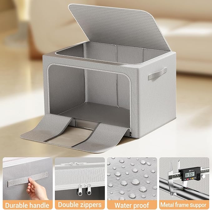 Clothes Storage Bins with Metal Frame Foldable Storage Box Clothes Organizers Storage Containers for Clothes Sheets Blankets Books Toys Gifts and Holiday Decorations (24Lx3 Pack) - Image 6