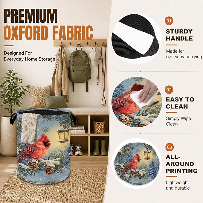 Cardinal Bird Laundry Basket, Oxford Cloth Foldable Hamper with Handles,Winter Pine Tree Portable Clothes Storage Bucket and Laundry Bag for Bathroom Laundry Room Bedroom Dorm - Image 3