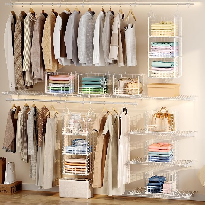 Sonyabecca 3-Tier Hanging Closet Organizer with 5 S Hooks, Closet Shelves for Clothes, Shoes, Handbags, Accessories, Hanging Basket, Closet Storage, Closet System, Closet Organizers and Storage - Image 2