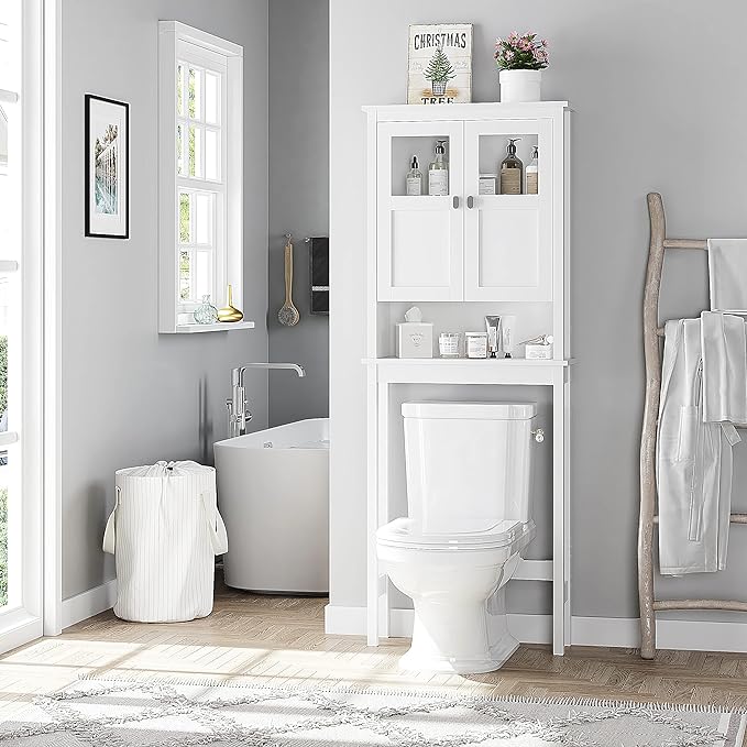 Spirich Bathroom Over the Toilet Storage Cabinet with Glass Doors, White - Image 3