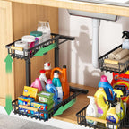 Merrylun Under Sink Organizers,5 Adjustable Height，Metal Pull Out Under Sink Organizers and Storage Shelves with Sliding Drawer, Black, 2 Pack（Hight 13.6″-16.9″） - Image 2