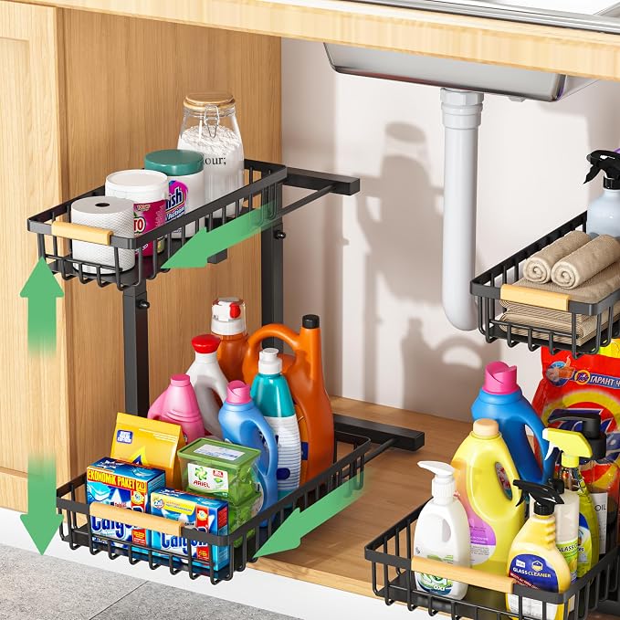 Merrylun Under Sink Organizers,5 Adjustable Height，Metal Pull Out Under Sink Organizers and Storage Shelves with Sliding Drawer, Black, 2 Pack（Hight 13.6″-16.9″） - Image 2