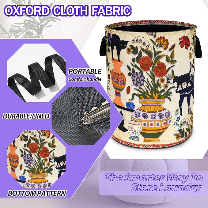 Black Cat Flower Laundry Basket Floral Vase Art Oxford Cloth Laundry Hamper - Image 3