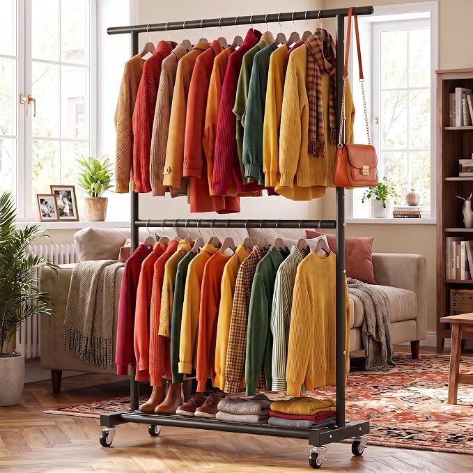 Sywhitta Double Rod Metal Clothing Rack on Wheels with Bottom Mesh,Black - Image 7