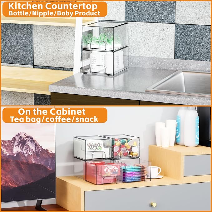 Yieach 4 Pack Clear Stackable Storage Drawers,4.4'' Tall Acrylic Drawer Containers for Organizing,Bathroom Organizers and Storage Bin Box,Plastic Makeup,Medicine Organizer Bins for Cabinet,Undersink - Image 9