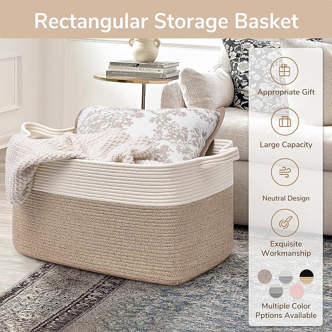 Goodpick Large Woven Rope Blanket Basket, Rectangle, White & Light Brown - Image 7