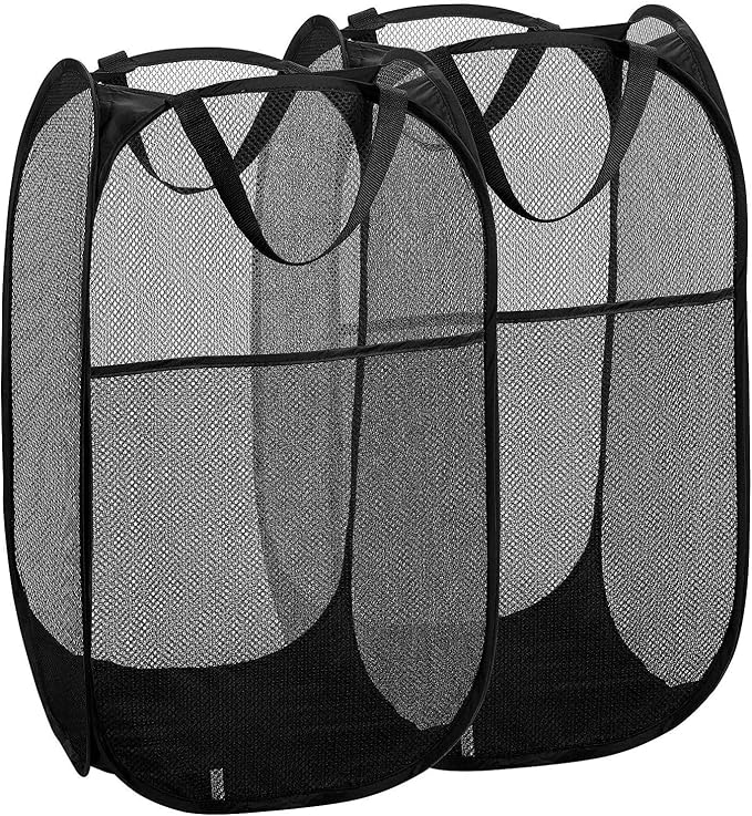 2 Packs Mesh Pop up Laundry Hamper (Black) with Portable Handles, Collapsible for Storage, Foldable Pop-Up Laundry Bags for Home, College Dorm or Travel by Buenod