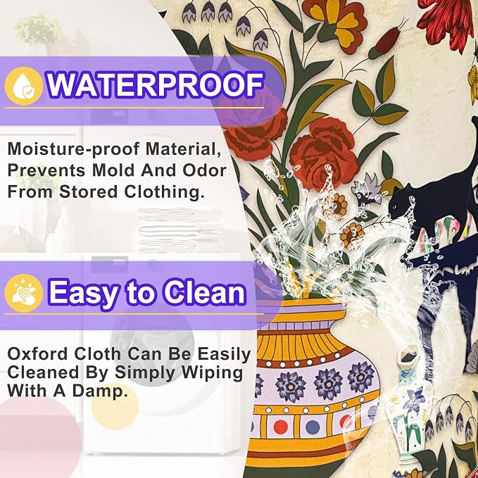 Black Cat Flower Laundry Basket Floral Vase Art Oxford Cloth Laundry Hamper - Image 7