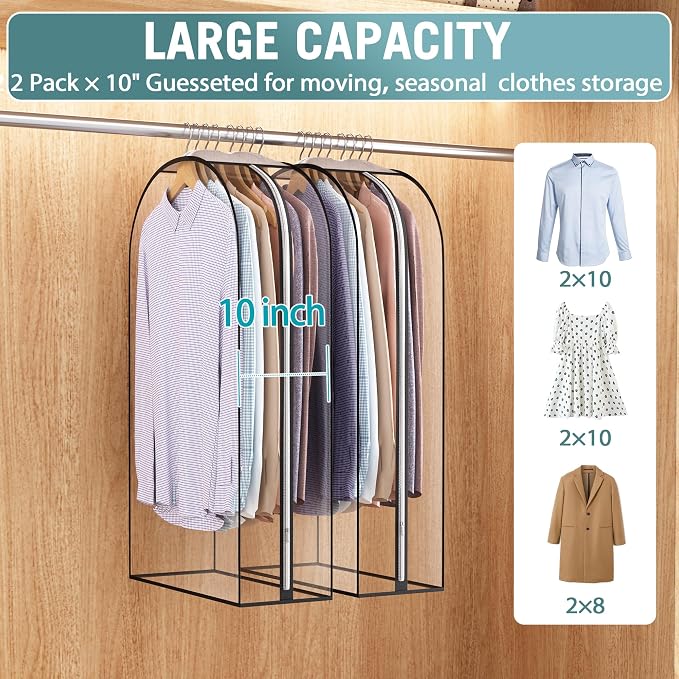 Liuoud Clear Garment Bags for Hanging Clothes 10” Gusseted, 2 Pack, 40” | Suit Bags for Closet Storage with Large Metal Zipper, Breathable odorless Hanging Plastic Clothes Cover for Coat Dress Fur - Image 2