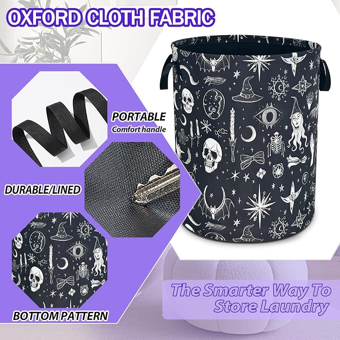 Witch Skull Gothic Laundry Basket Foldable Oxford Cloth Hamper 18.9x16.5 In - Image 3
