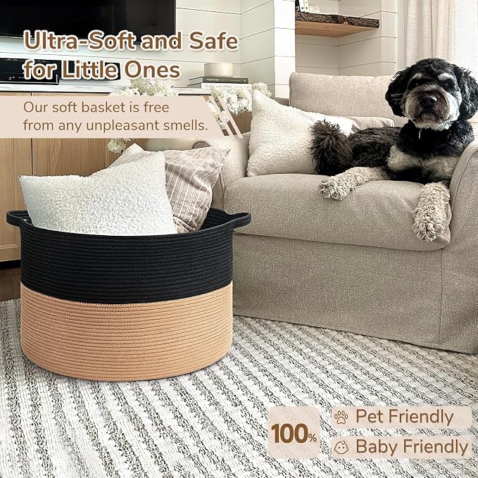 INDRESSME XXXLarge Woven Rope Blanket Basket Living Room Black Camel, 90L - Image 6