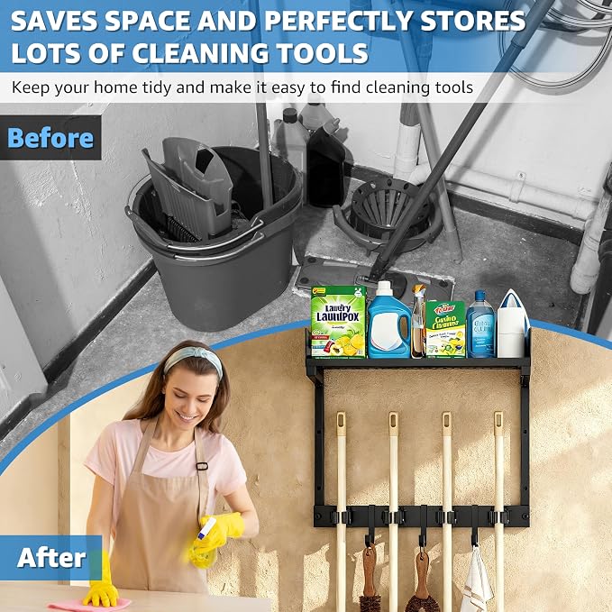 HUFAND 15" Wall Mounted Broom Holder and Mop Organizer with Shelf and Hook - Image 3