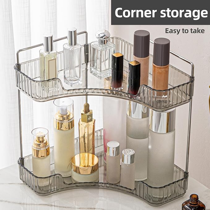 YCIA&DONE Corner Bathroom Counter Organizer, Makeup Organizer for Vanity, Skincare Cosmetic Perfume Tray, Corner Countertop Shelf Rack Storage for Bathroom Kitchen 2 Tiers (Smoky Gray) - Image 4