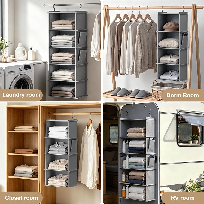 Foldable Hanging Closet Organizer, 5-Shelf Hanging Shelves with Side Pockets, Space Saving Storage for Clothes and Accessories - Image 6