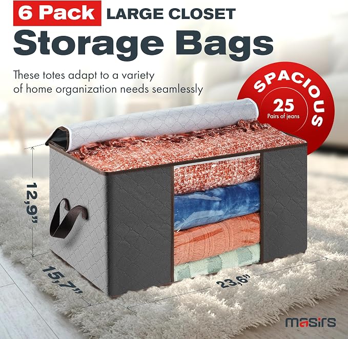 Storage Bags For Clothes - 6-Pack Collapsible Organizers for Blankets, Bedding & Clothes - Large 90L Zip Bags with Handles - Clear Durable Containers for Closet Organization (Grey) - Image 2