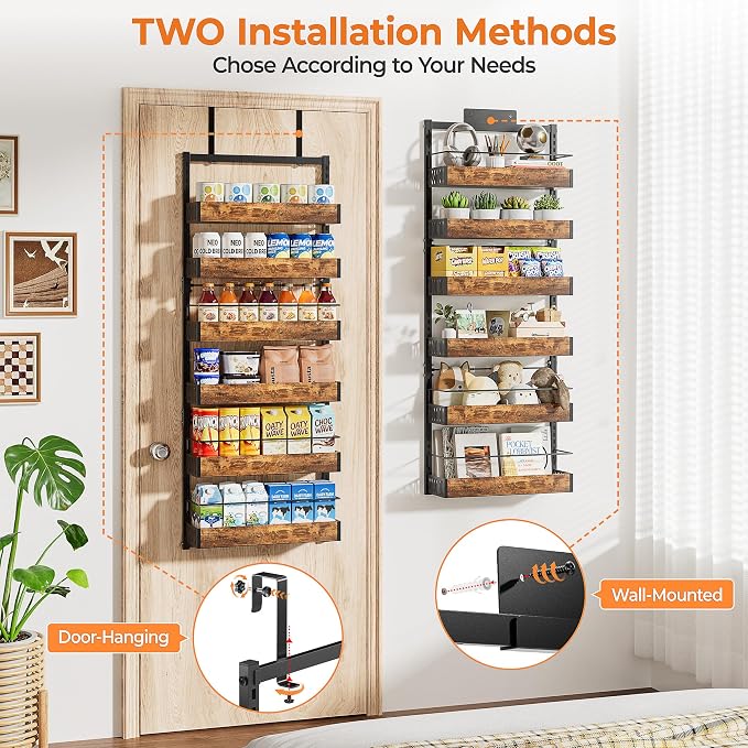 6-Tier Black Metal Door Mounted Hanging Spice Rack Shelves Over The Door Pantry Organizer with Adjustable Basket Back of Door Organizer and Storage for Kitchen with Anti-drop Rod - Image 6