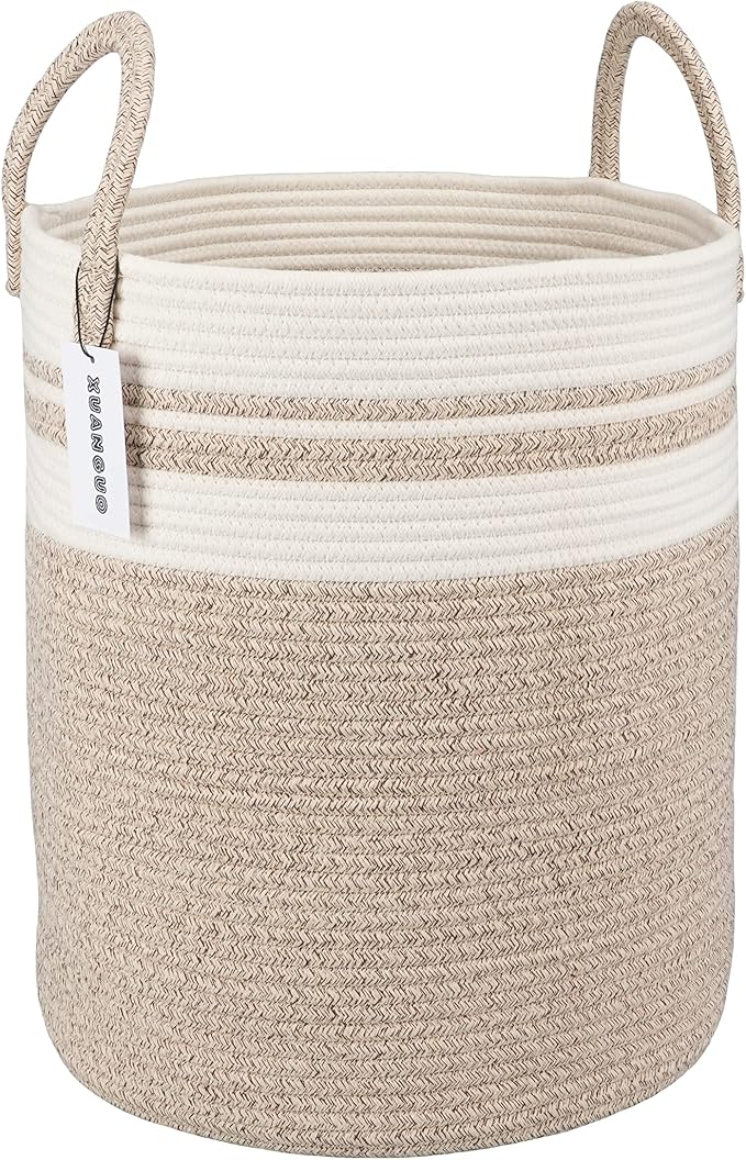 XUANGUO Cotton Rope Laundry Basket Hamper for Clothes Large Brown and White by XUANGUO