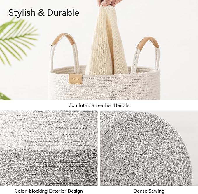 Nunsino 75L Striped Laundry Hamper with Leather Handles,Large Foldable Laundry Basket for Clothes,Cotton Rope Storage Bin for Blankets,Woven Clothes Basket for Bedroom,Gray Stripes - Image 6