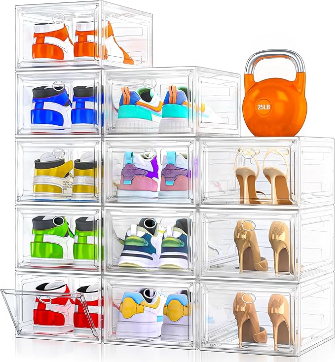 12 Pack Shoe Organizer, Stackable Shoe Storage Boxes with Magnetic Door | Clear Plastic Shoe Boxes for Sneakers, Boots & Heels, Foldable Space-Saving Shoe Rack for Closet, Durable Shoe Cabinet, White by 7+code