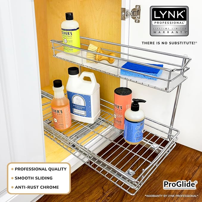 LYNK PROFESSIONAL® Pull Out Under Sink Kitchen Cabinet Organizer - 11.5 in. x 21 inch deep Drawer - Sliding Shelf Organizer for Cabinets and Undersink Storage Shelves - Lifetime Ltd. Warranty – Chrome - Image 2