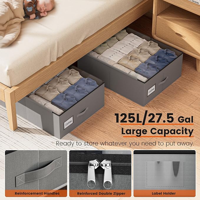 XXXXL 125L Under Bed Storage, Storage Containers with Support & Clear Lid, Support Frame, Underbed Storage Bins for Clothes, Shoes, Blankets, and Toys 2 pack - Image 4