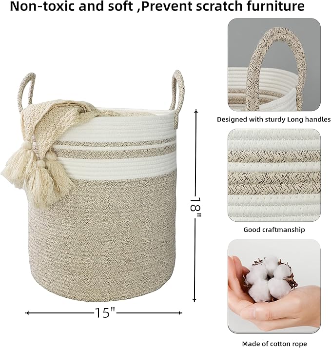 XUANGUO Cotton Rope Laundry Basket Hamper for Clothes Large Brown and White - Image 2