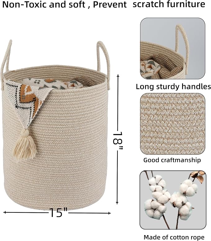 XUANGUO Cotton Rope Laundry Basket Hamper for Clothes, oatmeal - Image 2