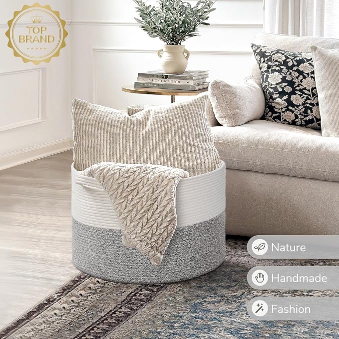 INDRESSME Large Woven Rope Blanket Basket Living Room Light Grey, 65L - Image 7
