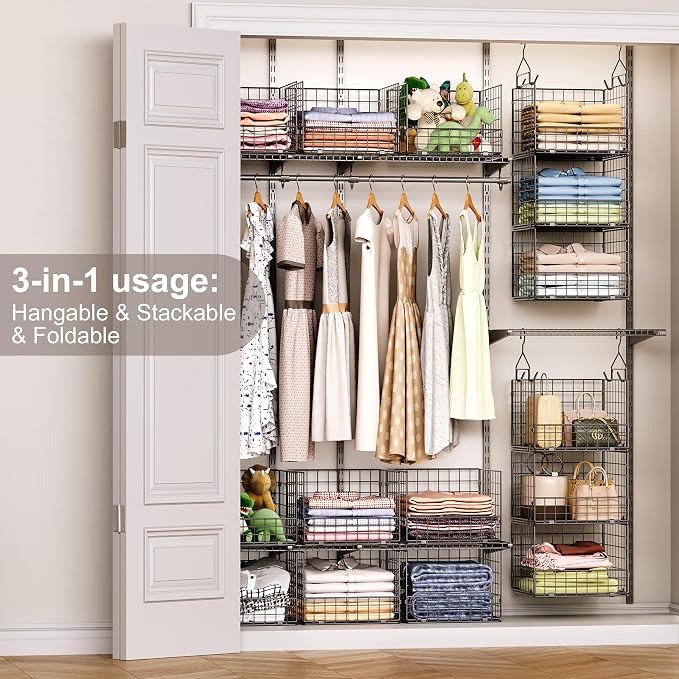 Sonyabecca 3-Tier Closet Organizers and Storage, Foldable Stackable Wire Basket Bins with 5 S Hooks, Space-Saving Hanging Closet Shelf for Clothing, Sweaters, Handbags, Hats,Purse - Image 4