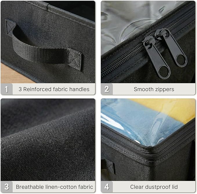 2-Pack Under Bed Storage Containers, 6 Inches Tall Clothes Storage, Black | High Side Collapsible Underbed Organizer Bin with Sturdy Sidewalls/Bottom, Cotton Linen Bins, For Seasonal Clothes & Bedding - Image 4