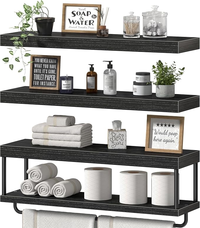 QEEIG Bathroom Floating Shelves Over Toilet - Wall Mounted Shelf Toilet Paper Storage Farmhouse 32 inch Long Set of 3, Black (027-80B3) by QEEIG