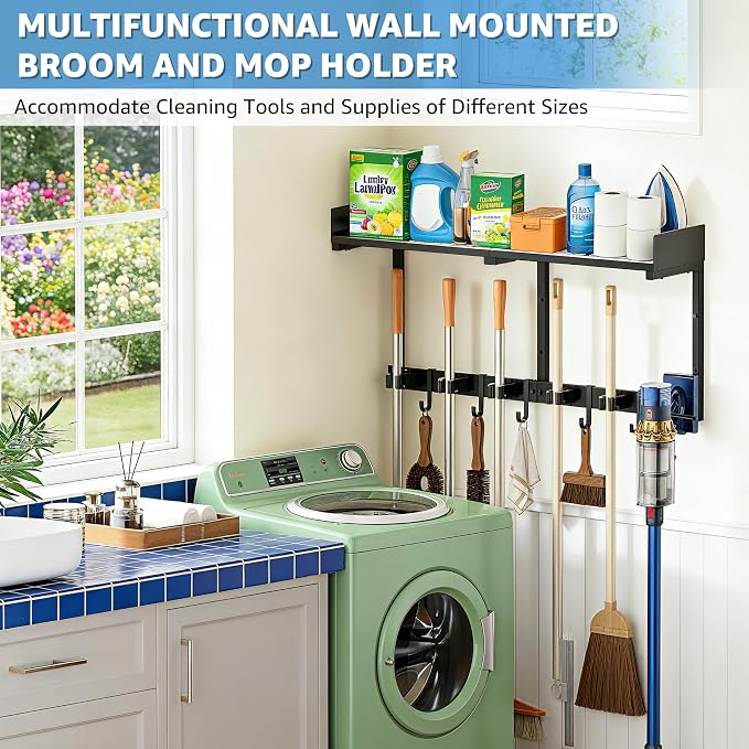 27" Mop and Broom Holder Wall Mount with Top Storage Shelf & Hooks,Black - Image 2